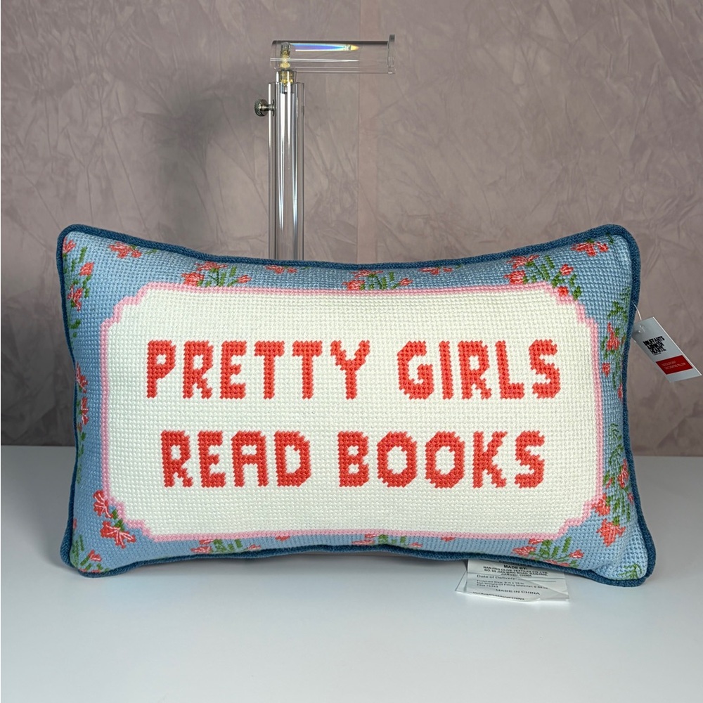 Pretty girls read books Charming Blue and Red Accent Pillow